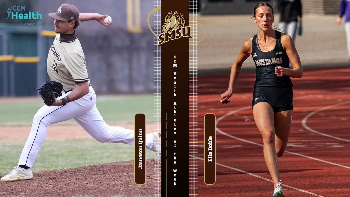 SMSUMustangs's tweet image. This week's CCM Health student-athletes of the week, baseball pitcher, Jameson Quinn, and track &amp;amp; field athlete, Ella Doble. Quinn, 10 IP, 1 run, 4 hits in two games; Doble won the 100m at the CSB Meet 

Check out their stats at SMSUmustangs.com
 
#LetsRide