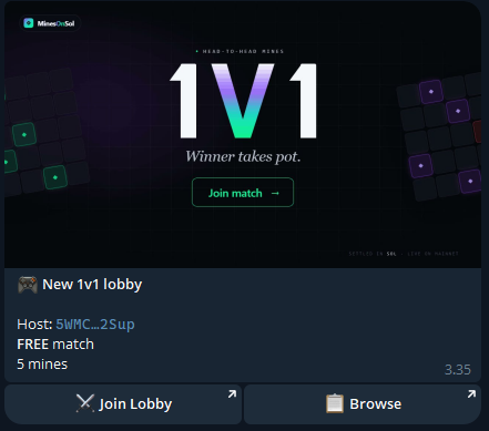 MinesRun's tweet photo. never miss a lobby again.

Minesbot posts every public match the moment it opens. join before someone else does. ⛏️

add it to your tg -> https://t.co/RQpMie3BwS https://t.co/FH8CLdLByq