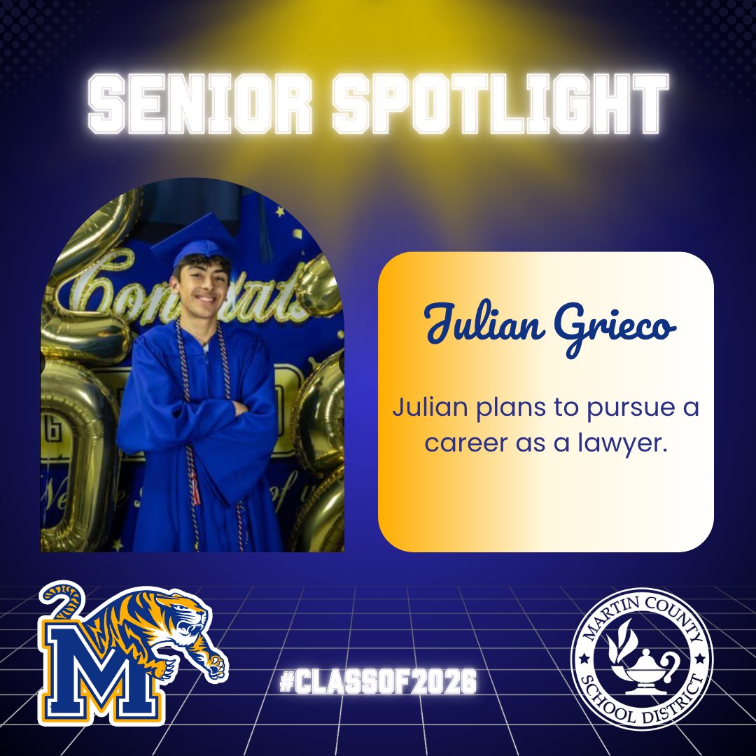 MCSDFlorida's tweet image. 🎓#MCSDSENIORSTORIES🎓

This evening, we are shining a spotlight on Martin County High School senior Julian Grieco!

Julian plans to pursue a career as a lawyer.

🎉Congratulations, Julian! 🎉 We are so very proud of you!

#ALLINMartin👊 #Classof2026