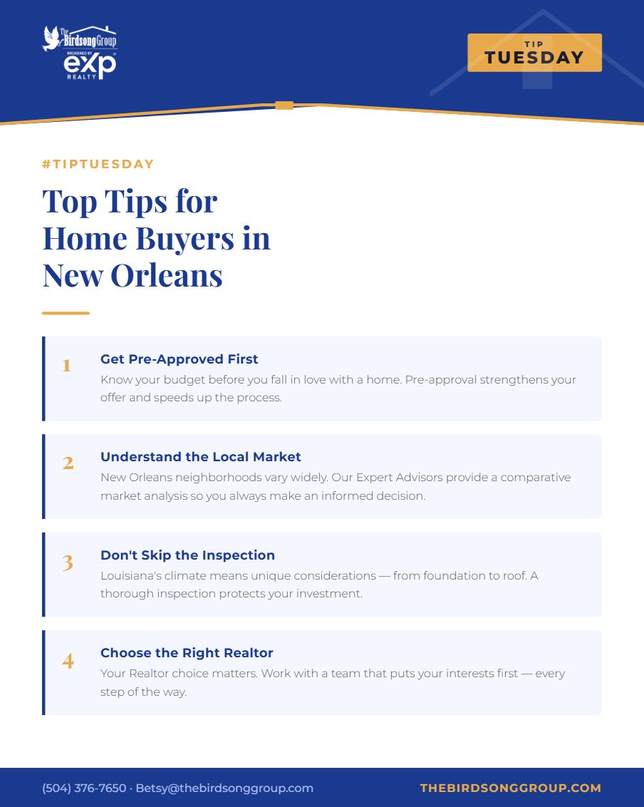 betsybirdsong's tweet image. It's #TipTuesday and we're sharing our top tips for home buyers in the Greater New Orleans area! 🏡🔑

At The Birdsong Group, we guide you through every step of the home buying journey with expert knowledge, integrity, and full attention. 🐦🔑

#TipTuesday #NewOrleansRealEstate