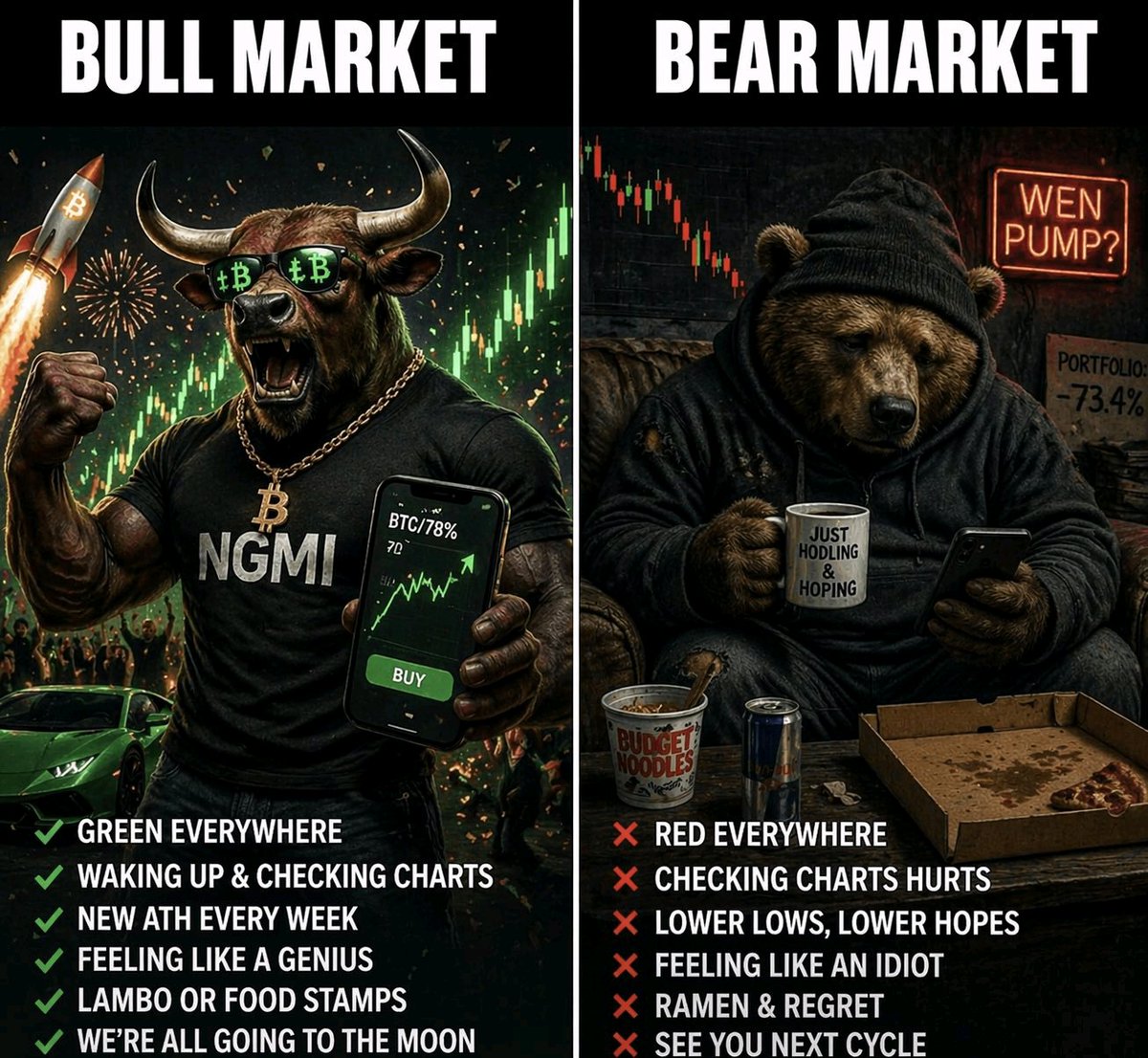 CryptoThro's tweet image. Bull market vs bear market

#bullish #bearish