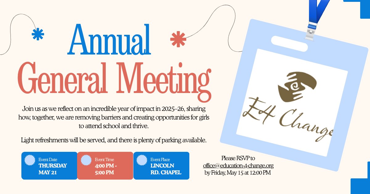You're invited to attend our AGM on Thu. May 21 from 4–5pm at Lincoln Rd Chapel, 145 Lincoln Rd, Waterloo.
RSVP to office@education-4-change.org by May 15.
We look forward to having you join us during this meaningful time of celebration, connection, and vision for the year ahead