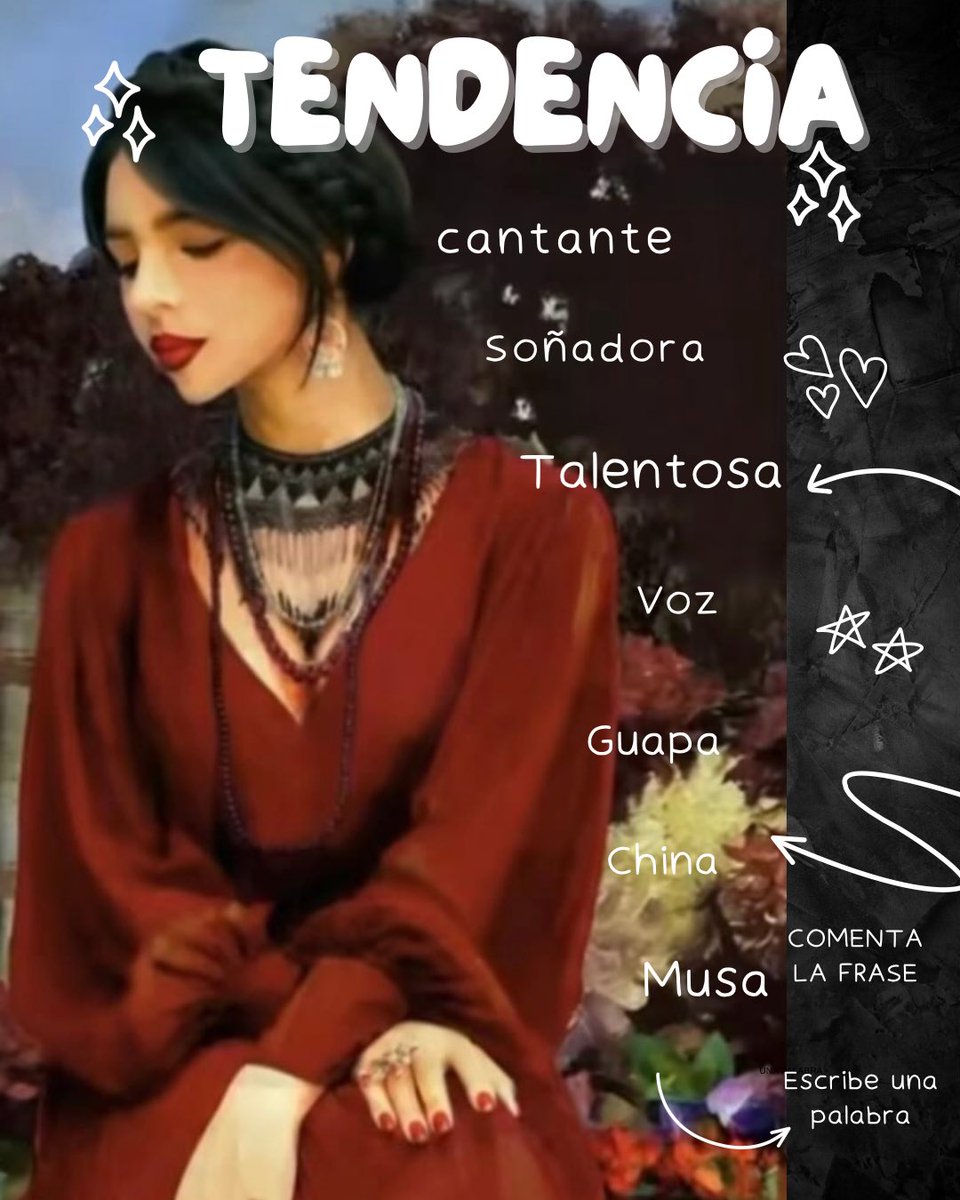 Seguimos Tendencia 🔊 

Describe a Ángela con una palabra junto con la frase y hashtag oficial :

CHINA DE LOS OJOS NEGROS
#ÁngelaAguilar

No se deben utilizar emojis ni números

*Meta de comentarios: 250 comentarios 🫶🏻