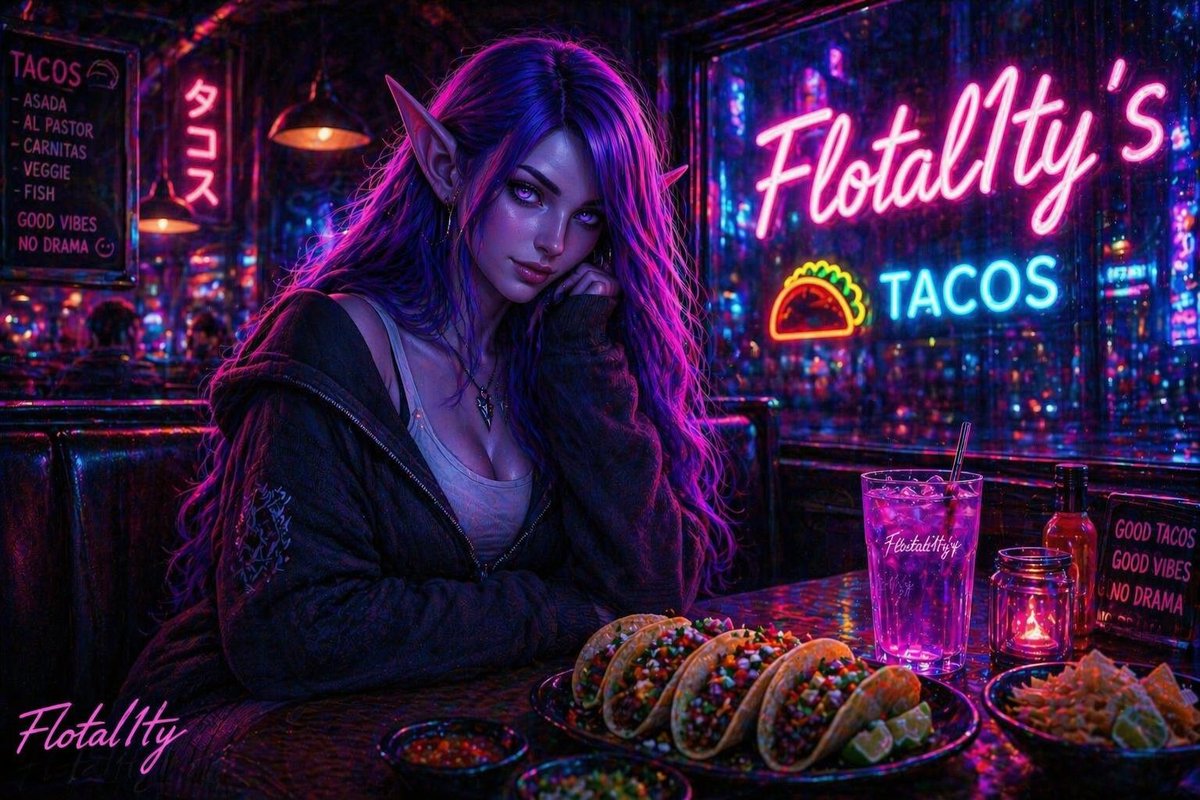 POV: You walked into a cyberpunk taco spot… and a Night Elf is glowing brighter than the neon. 🌮💜

Fluorescent hair. Cozy hoodie vibes. Tacos on deck.
Main character energy at “Flotal1ty’s.”

Fantasy meets late-night cravings — and we’re here for it. 🔥✨