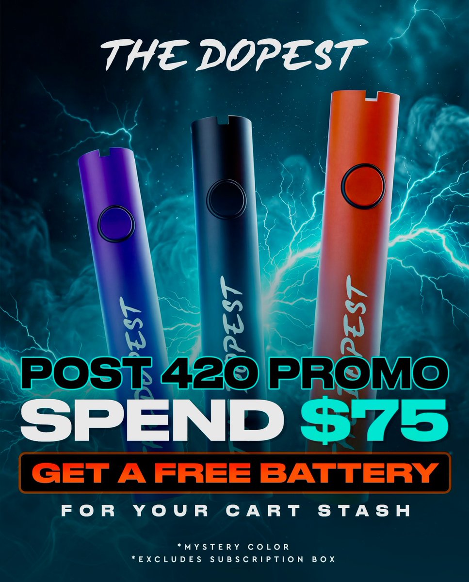The_Dopest_Shop's tweet image. POST 420 PROMO is live:  Now get a free battery with your order so you can smoke your 420 stash!  *While supplies last, we're almost out of batteries #promo #thedopestshop #vape