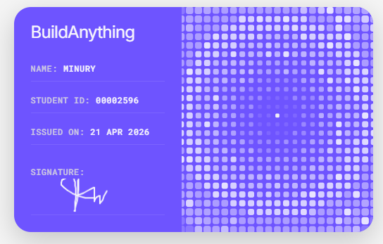 Just signed up for BuildAnything and got my student card 🎓

Join me to start building anything! 🚀 buildanything.so