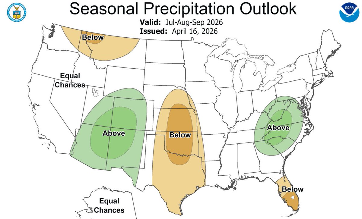 BianchiWeather's tweet image. New CPC outlook for July-September shows an active monsoon season potentially ahead. Warm Eastern Pacific + possible rapid transition to El Niño main drivers in this outlook.

This would especially favor SW Colorado.

Fingers crossed...

#COwx