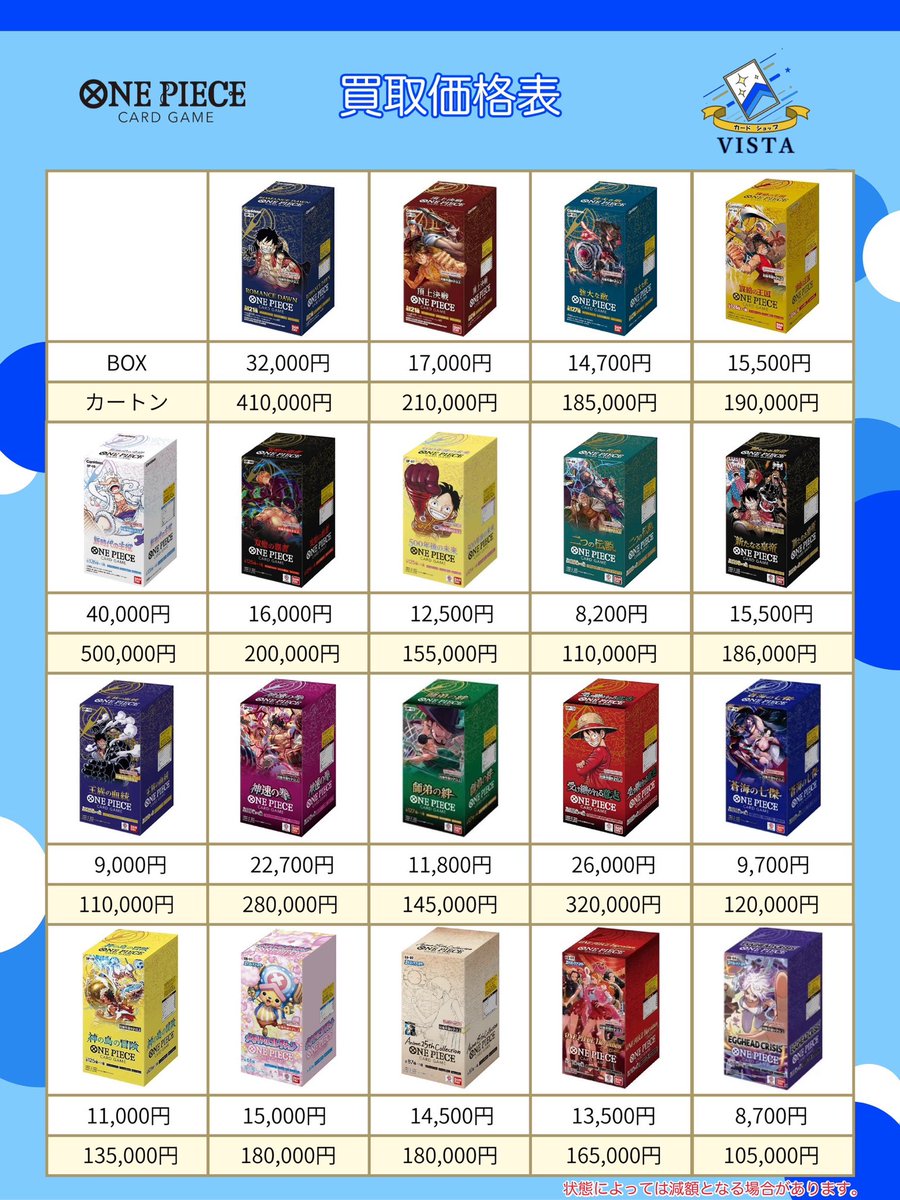 VISTA1751412's tweet image. 4月22日
🎩ワンピースカードBOX &amp;amp;カートン買取表🎩
#町田 #ワンピースカード #BOX #買取