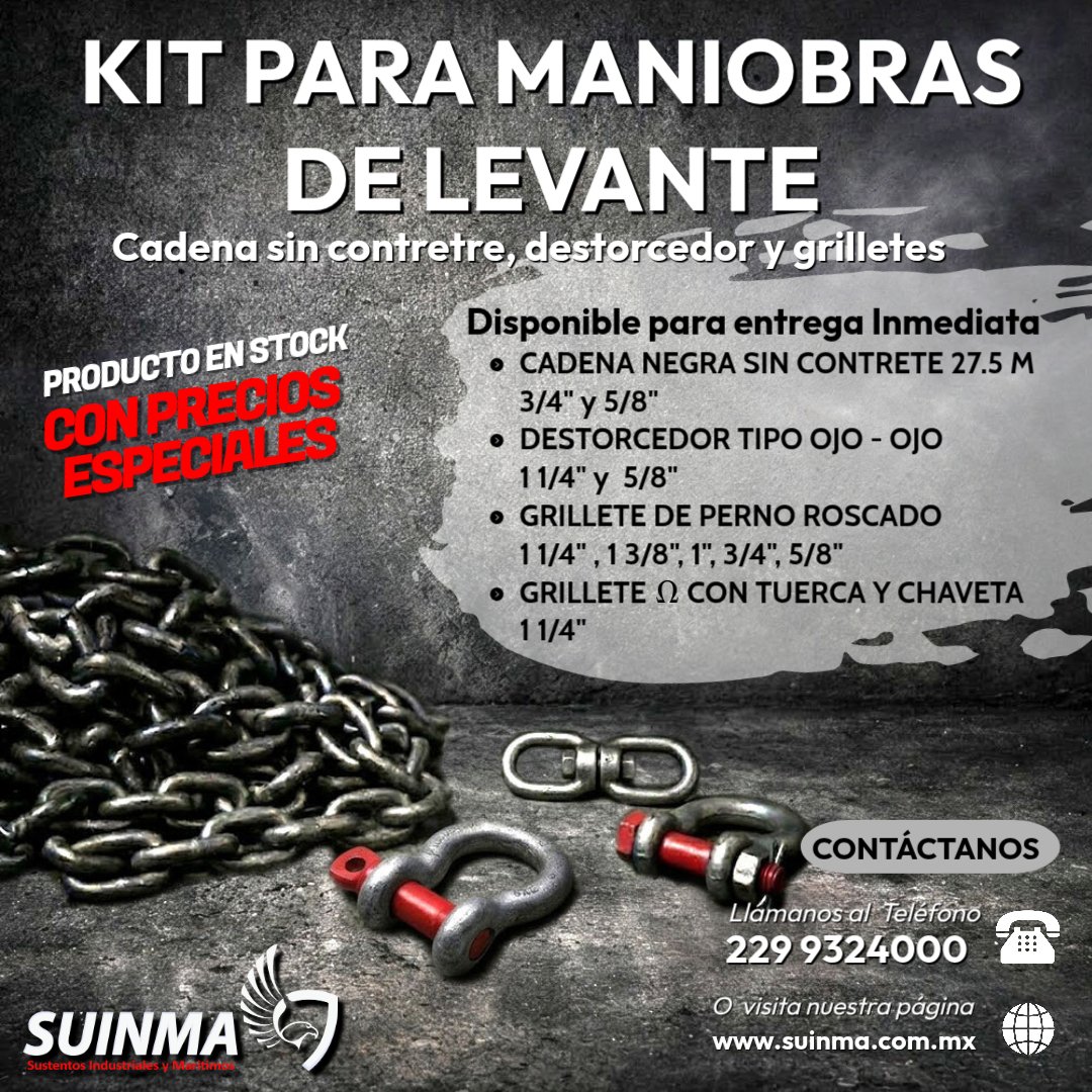 ST_Suinma's tweet photo. ⚙️ Soluciones confiables para maniobras de levante
Material de alto desempeño y gran durabilidad 🔩
✔️ Cadena sin contrete
✔️ Destorcedor ojo-ojo
✔️ Grilletes de alta resistencia
🚛 Entrega inmediata
📩 Cotiza con nosotros
#Izaje #Maniobras #Industria #SeguridadIndustrial #Carga https://t.co/3mrzU5aVL9