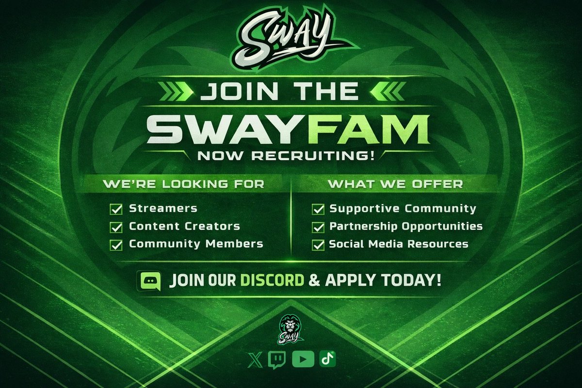 SwayGG's tweet image. Interested in joining us? 

The SwayFam is looking for new people to join our growing community no matter what game you play! 

Want more info? Check out our discord at the link below and apply via our application process!

discord.gg/baB4ZHvXy7

#JoinUs 
#EsportsOrganization