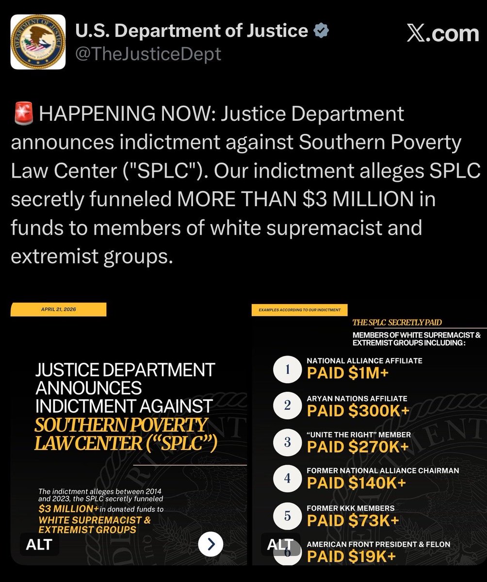 PJBrizzle's tweet photo. The @TheJusticeDept’s framing of their recent indictment of the Southern Poverty Law Center couldn’t be more dishonest & disingenuous. Let’s break it down.

Yes, there’s an indictment. While that part is real, the narratives they and MAGA “leaders” are pushing all over social media are wildly distorted versions of what the indictment actually alleges, and couldn’t be more dishonest…which is sadly what we’ve come to expect from this administration.

The claim being blasted everywhere is that SPLC “funneled millions to white supremacists,” as if they were secretly funding hate groups out of sympathy or shared ideology. That’s flat-out false framing.

The actual allegation is that SPLC paid confidential informants embedded inside extremist organizations and then allegedly misrepresented or concealed how those payments were structured or disclosed in order . That’s a fraud and transparency argument, NOT ideological support.

Those payments, if proven, were tied to infiltration, intelligence gathering, and monitoring threats. The same exact methods used by law enforcement, counterterrorism agencies, and similar public & private organizations.  You don’t penetrate violent extremist networks by sending in volunteers with clean résumés. You use people inside those circles.

The graphic in their post strips all of that context out on purpose. It replaces “paid informants inside extremist groups” with “paid white supremacists,” because it’s “red meat” for the racist, lethally stupid & gullible MAGA base, and they know they won’t question the difference

That’s not an accident, it’s their entire strategy. Always has been with this sort of thing.  

Let’s be clear about where this stands- This is an indictment. NOT a conviction. NOT a finding of guilt. Allegations that now have to be proven in court, and will likely crumble like most of these contrived, retaliatory suits of Trump’s do.  As sane rational people know, it’s easy to get an indictment against just about anyone, but proving it in court is a very different story. 

So what actually exists is a legal dispute over whether SPLC properly handled and disclosed payments tied to covert sources & informants.  That’s it.  

What’s being sold is a fantasy narrative that an anti-extremism organization was secretly funding the very groups it has spent decades exposing and dismantling.

The gap between reality and what’s being pushed by MAGA isn’t subtle. It’s deliberately and repulsively dishonest, as usual.