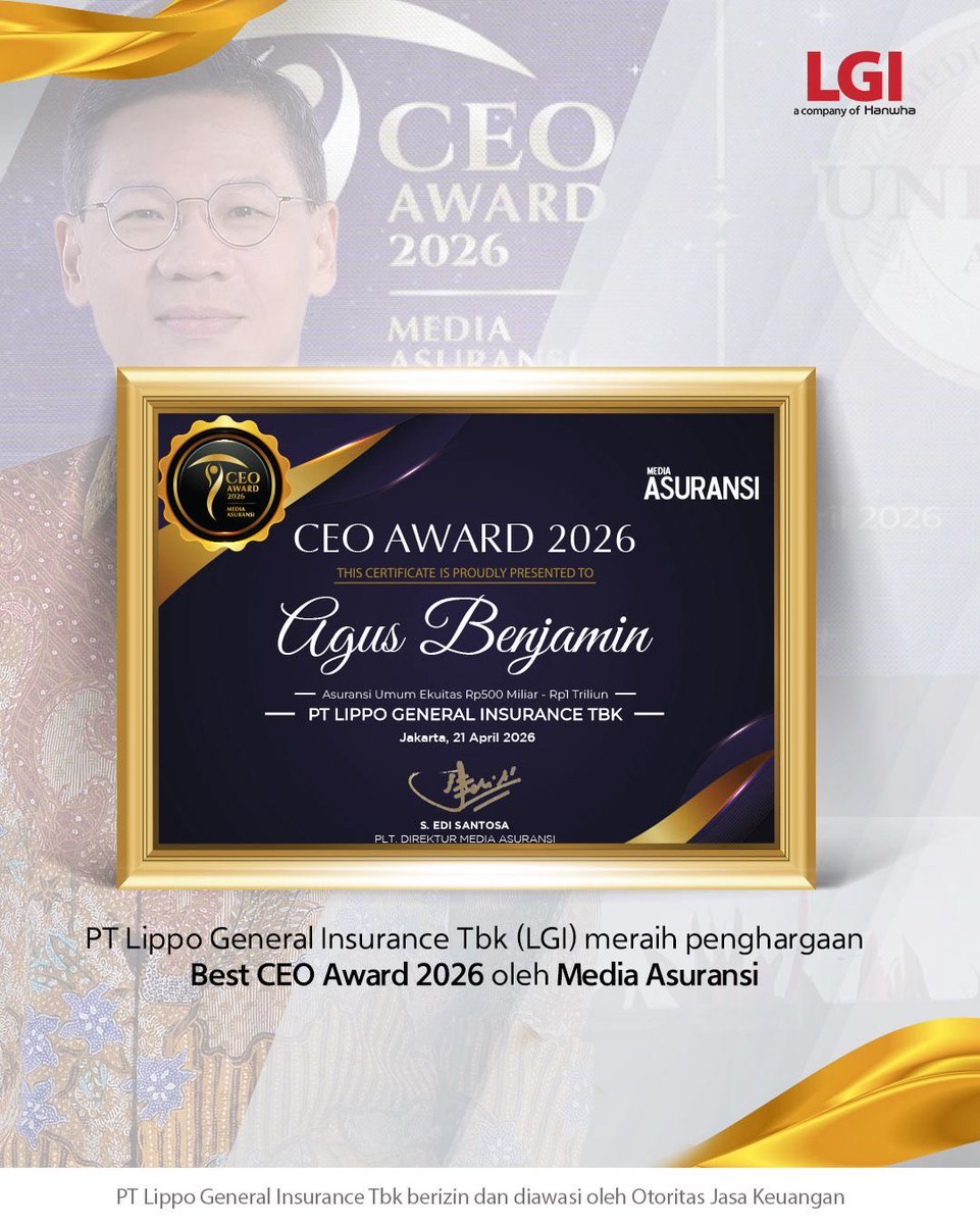 LGI_id's tweet photo. Proud moment for LGI…

Our CEO, Agus Benjamin, receives the Best CEO Award 2026 (General Insurance, IDR 500B–1T) by Media Asuransi.

A reflection of strong leadership and our commitment to grow sustainably.

#LGI #BestCEOAward #MediaAsuransi https://t.co/csNN8pBHZJ