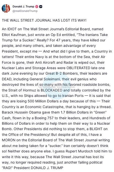 Worldsource24's tweet image. BREAKING: President Trump attacks the Wall Street Journal