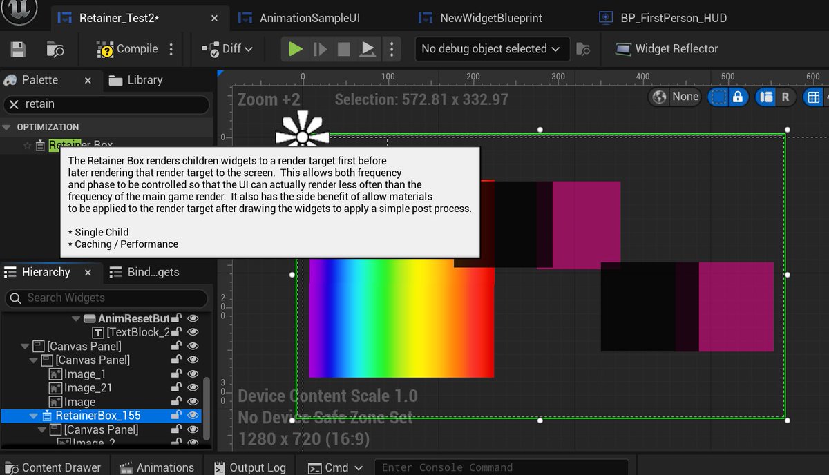 FilippoTarpini's tweet photo. I've been implementing HDR UI (Slate/UMG) in Unreal Engine, and while doing so, I noticed some mysterious code in the Retainer Box Widget.
It's used to cache all the widgets it contains in a texture that then can be later drawn in a single call, a useful optimization when nothing is changing in the UI.

The UI in Unreal works in linear space (all the textures it samples are UNORM_SRGB and all the colors fed from the CPU are in linear).
However, given that it always writes to a gamma space backbuffers (UNORM, non sRGB textures), each pixel shader applies sRGB encoding before output.
This also guarantees alpha blend with the background are done in a perceptual manner as opposed to linear, which can be hard to fine tune for artists.

In other words, Slate is almost always: Linear In, Gamma Out.
However this logic only works as long as the UI itself is not read back as input of another UI pass! In that case, you are screwed, because gamma conversions would apply twice and there's no way to skip them.

And that's exactly what happens with the Retainer Widget. Unfortunately this introduces massive banding given that colors get quantized to ~5bit.
You can see gradients getting screwed in the image.
