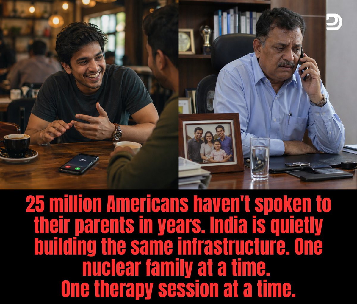 md_deepesh's tweet photo. Cornell University ran a study.
Spent years. Spent money.
Found the number one reason adult children cut off their parents.

They called it "parental enmeshment."
Too much control. 
Too little space.

Congratulations, West.
5,000 years late. But welcome.

Your Dadi figured this out before Cornell had a postal address.

In India, we had the Guru-Shishya Parampara.
The Guru did not optimize the Shishya.
He saw a soul. 
Not a scorecard.

He guided. 
He did not grip.

The joint family was not enmeshment.
It was a civilizational immune system.

Dharma. Artha, Kama. Moksha.
Four goals. One life.
Not one of them asks you to succeed alone.

Now look at the West's report card.
38% of Americans are estranged from family.
25 million people. 
No contact with a parent or child.
Average estrangement from a father: 7.9 years.

That is not a social problem.
That is a civilization disaster.

Now look at India's report card.

57% of Indians feel lonely at least sometimes.
24% of youth report loneliness.
Single-person households nearly doubled since 1992.

We looked at their wreckage.
And called it progress.
Wah India Wah!!!

How did we get into this Western Mess?

One man. One document. On record.
Thomas Babington Macaulay.

His stated goal: create Indians who are
"Indian in blood, English in taste, morals, and intellect."

He did not come to educate India.
He came to orphan it.

He replaced the Gurukul with a grading system.
Replaced the joint family with individual ambition.
Replaced Dharma with a performance review.

And it worked.

And then came Hollywood.

The hero always has a abondend father, 
or estranged father.
The protagonist is always broken at home.

Rocky. 
Batman. 
Iron Man. 
Spider-Man.

Broken family is not a backstory. 
It is a blueprint.

Bollywood followed. 
Then OTT finished the job.

Mirzapur. 
Sacred Games. 
Panchayat even.

Dysfunction is the new normal.
Estrangement is the new character depth.

This is not storytelling.
This is programming.
A Psyop so subtle, so consistent, so total.
That we now feel the hero must be broken to be real.

Today, Indian parents feel guilty for caring too much.
Western therapy says: "You are enmeshed."
Your child's therapist says: "Set boundaries."

Meanwhile, 25 million Westerners haven't spoken to their parents in years.

Whose model is broken?

Our government copies western education templates.
Our urban youth call joint family "toxic."
Our parents apologize for loving with structure.

And somewhere in a Cornell lab.
A researcher is writing a paper.
About what your grandmother already practiced.

We didn't have a parenting problem.
We imported one.