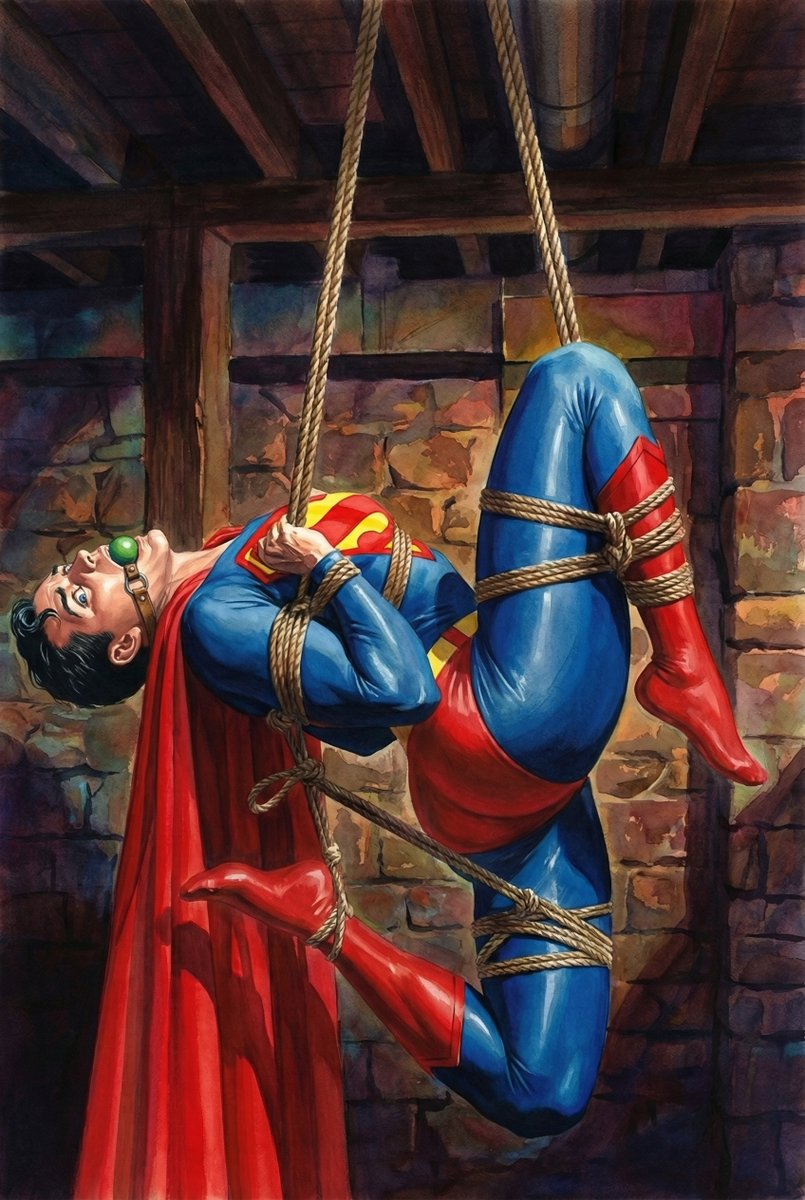 What a cruel delight! Superboy, gagged with a custom kryptonite ball and gift-wrapped in ropes, dangling like a pathetic ornament. His muffled whimpers? Truly the most exquisite sound on Earth.