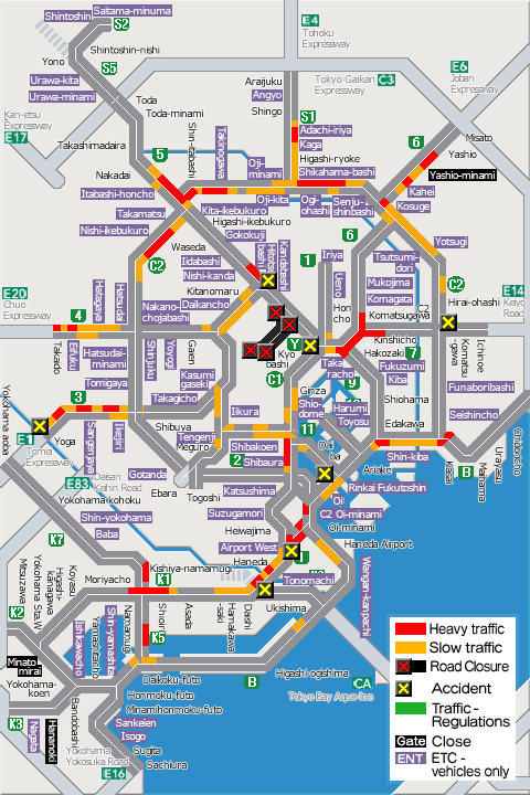shutoko_EN's tweet photo. This map shows the traffic conditions as of  9 a.m. on the Metropolitan Expressway. For more information, please see the following link.
#Shutoko
https://t.co/cIezY4a0MV https://t.co/rjaeVRohsT