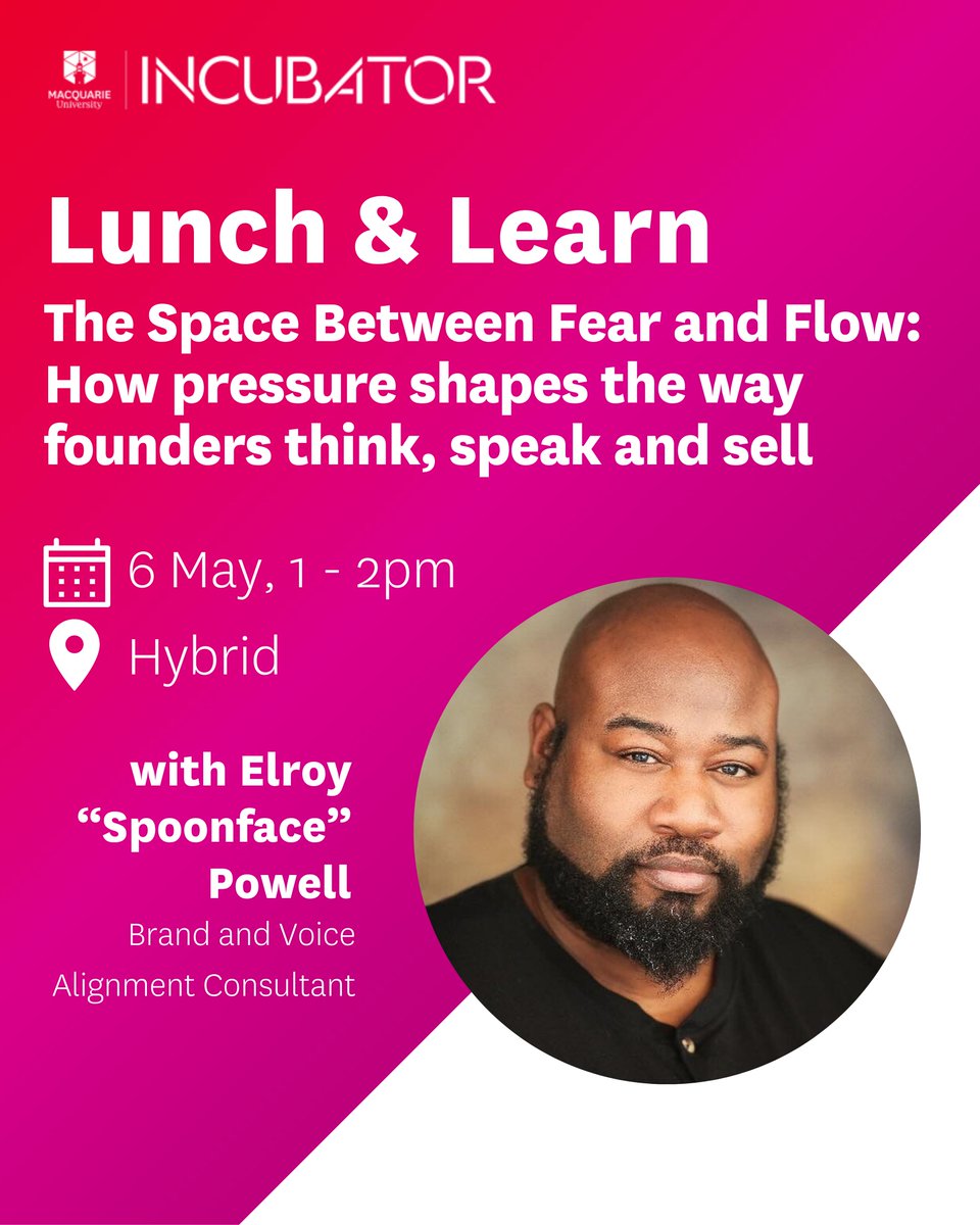 MQIncubator's tweet image. Founders move fast – but does your message keep up? 

Join Elroy "Spoonface" Powell at our May Lunch &amp;amp; Learn to craft clear, impactful communication. ✨

🔗 Register now: events.humanitix.com/mq-incubator-l…

#Innovation #Ideas #Startups #Founders #Entrepreneurship #Scaleups #Research