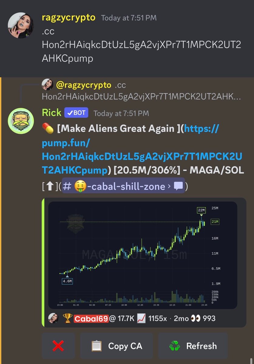 Another 1000X call in my discord by the Trench Cabal 🎉😂 
You don’t just get access to my calls, you get access to group calls as well. 
make aliens great again indeed 🤣🚀
1155X and counting! 🍾🥂
