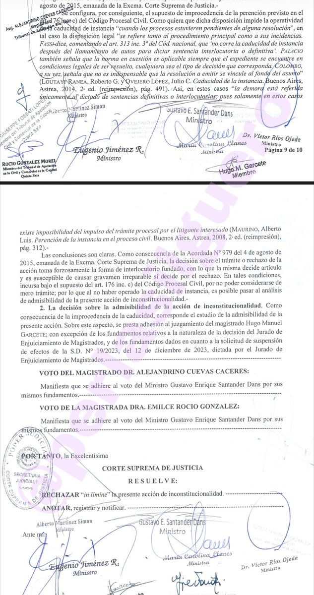 La Sala Constitucional de la Corte (CSJ) resolvió rechazar *in limine* (sin trámite) la acción de inconstitucionalidad planteada Claudia Jessica Mosqueira Céspedes, exjueza Penal de Garantías de la ciudad de Villarrica, contra su destitución dispuesta por el Jurado de