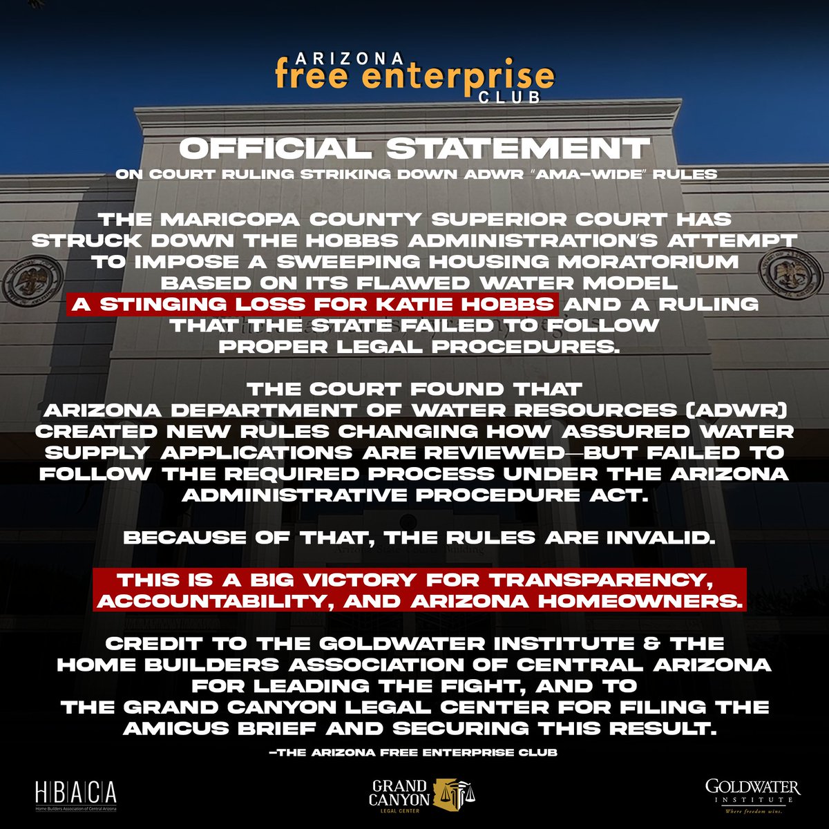 azfec's tweet image. 🚨BREAKING🚨: The Maricopa County Superior Court has struck down the Hobbs Administration’s attempt to impose a sweeping housing moratorium based on its FLAWED water model—a STINGING LOSS for Katie Hobbs and a ruling that the state failed to follow proper legal procedures.

The