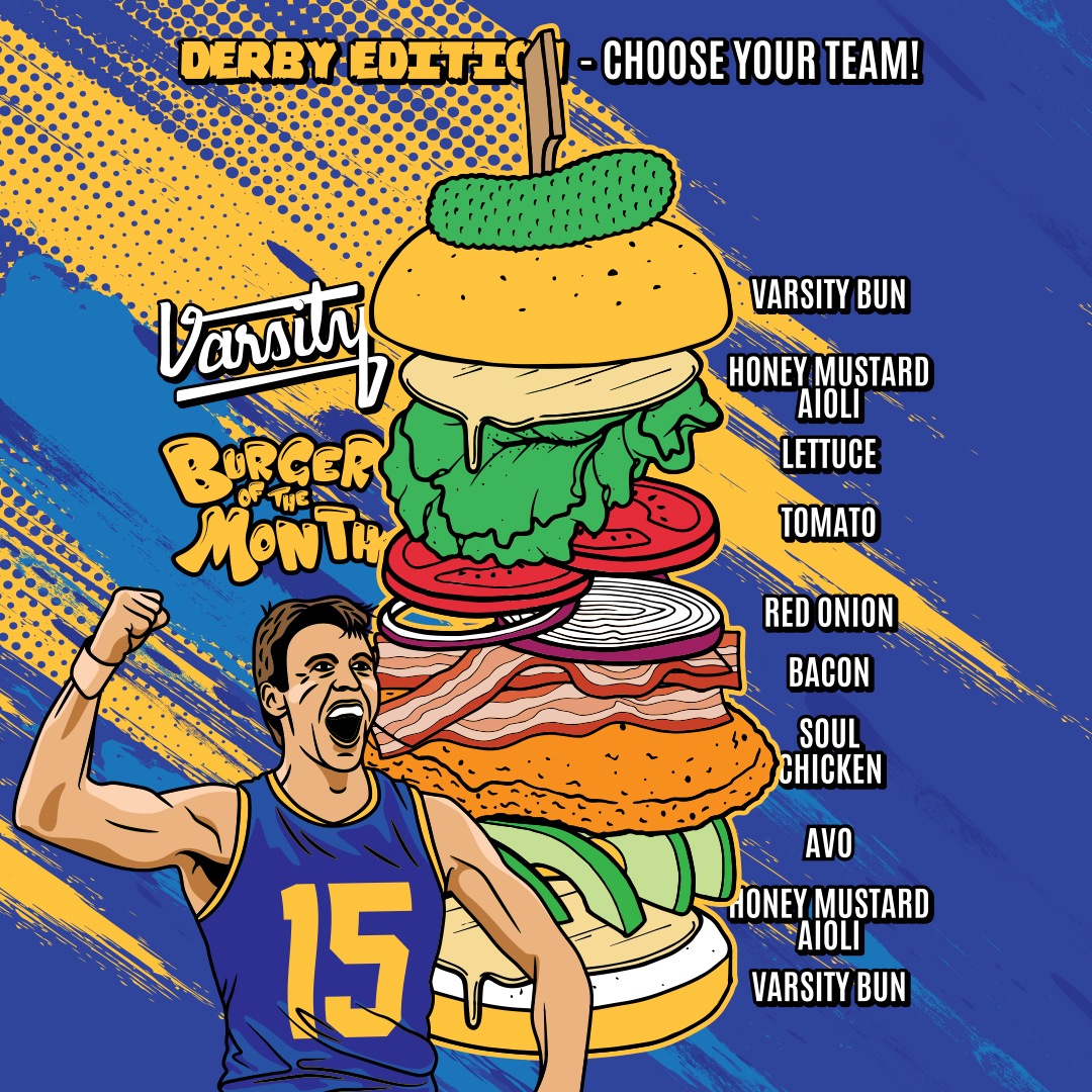 varsity_au's tweet image. Game on! Sink your teeth into the blue &amp;amp; gold Derby Burger 🍔🏉 Fly on into Varsity today!

#burger #derby #perth