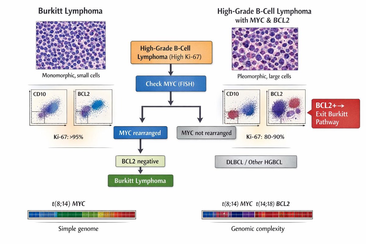 Not all MYC lymphomas are Burkitt.

A simple way to approach high-grade B-cell lymphoma:

1. High Ki-67 → suspect aggressive lymphoma  
2. Check MYC (FISH)  

If MYC rearranged:  
→ Check BCL2  

• BCL2 negative → Burkitt lymphoma  
• BCL2 positive → Double Hit lymphoma