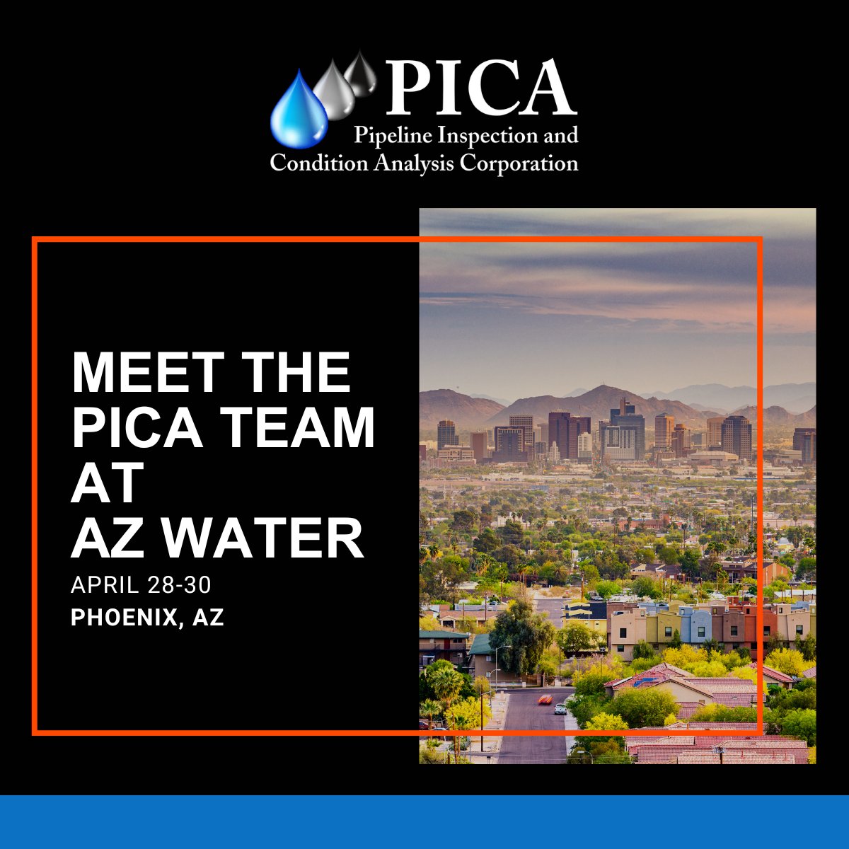 picacorp's tweet photo. Meet PICA at AZ Water 2026 | Phoenix | Apr 28–30.

Learn how #NDT and condition assessment help utilities reduce risk and inspect pipelines without service disruption. PICA will also present the TRA inspection and HSI rope access abstracts.

Event details: https://t.co/jkYR7rSgGo https://t.co/K9Y5ir3460