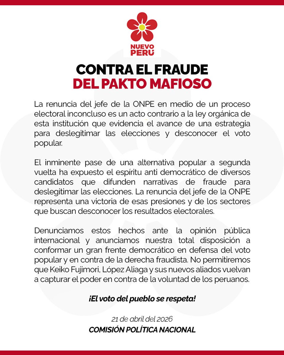 La renuncia de Piero Corvetto es un acto contrario a la ley orgánica de la ONPE y evidencia un avance de la estrategia que busca deslegitimar las elecciones y desconocer el voto popular.

¡Unidad democrática para hacer frente al fraude del Pakto Mafioso!