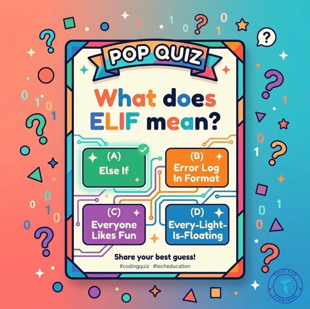 TechForEve's tweet image. ❓ Pop Quiz for Parents! What does elif stand for in Python? (Answer: Else If!). Our book makes learning together fun and easy. Grab a copy for you and your child to share! 👨‍👧💻 ndwtech.org/techforeveryon… #PythonForKids #ParentingInTheDigitalAge #FamilyLearning #STEMKids