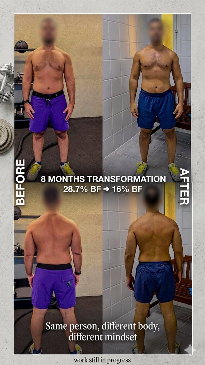 ptlancerqa's tweet image. From 28.7% body fat to 16% in just 8 months.  No magic pills. No extreme diets. Just consistent training, smart nutrition, and the right mindset shift.   If you're stuck in a plateau or just starting... 
 DM me 'TRANSFORM'  #FitnessTransformation #FitnessJourney #Beforeandafter