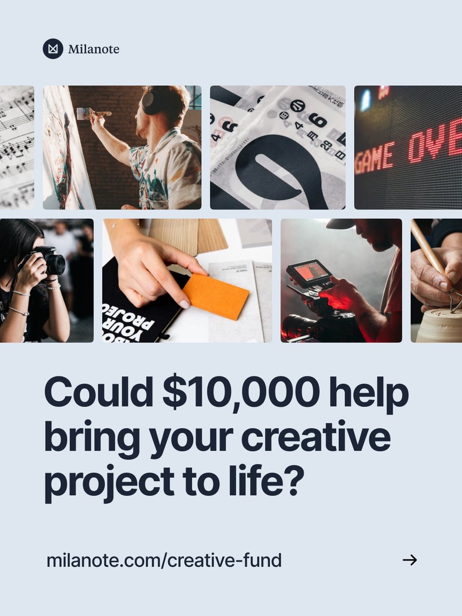 milanote's tweet photo. Today, we're launching the Milanote Creative Fund—offering grants of up to $10,000 to support promising creative projects. Go to https://t.co/dJ70EhWCUM to learn more. https://t.co/jzRaqP7qKt