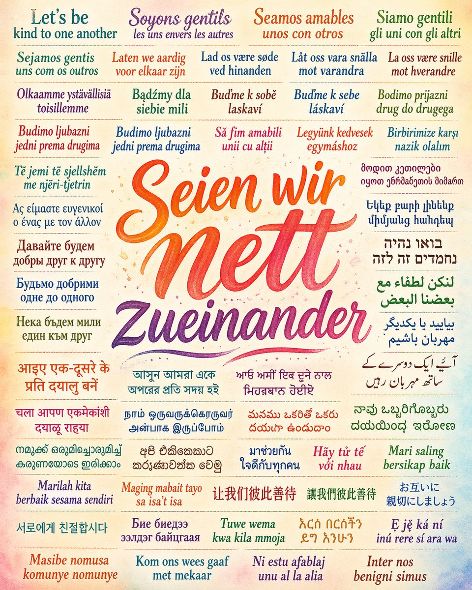labmodular's tweet photo. @OpenAI 🔥 Awesome!! 👏 Zero-Shot Prompt with typo and translation!
A collage of the phrase “Seien wir nett zueinander” in various languages with a graphic approach, combining diverse typographies from around 24 to 30 languages... https://t.co/jVwOoT0qCB