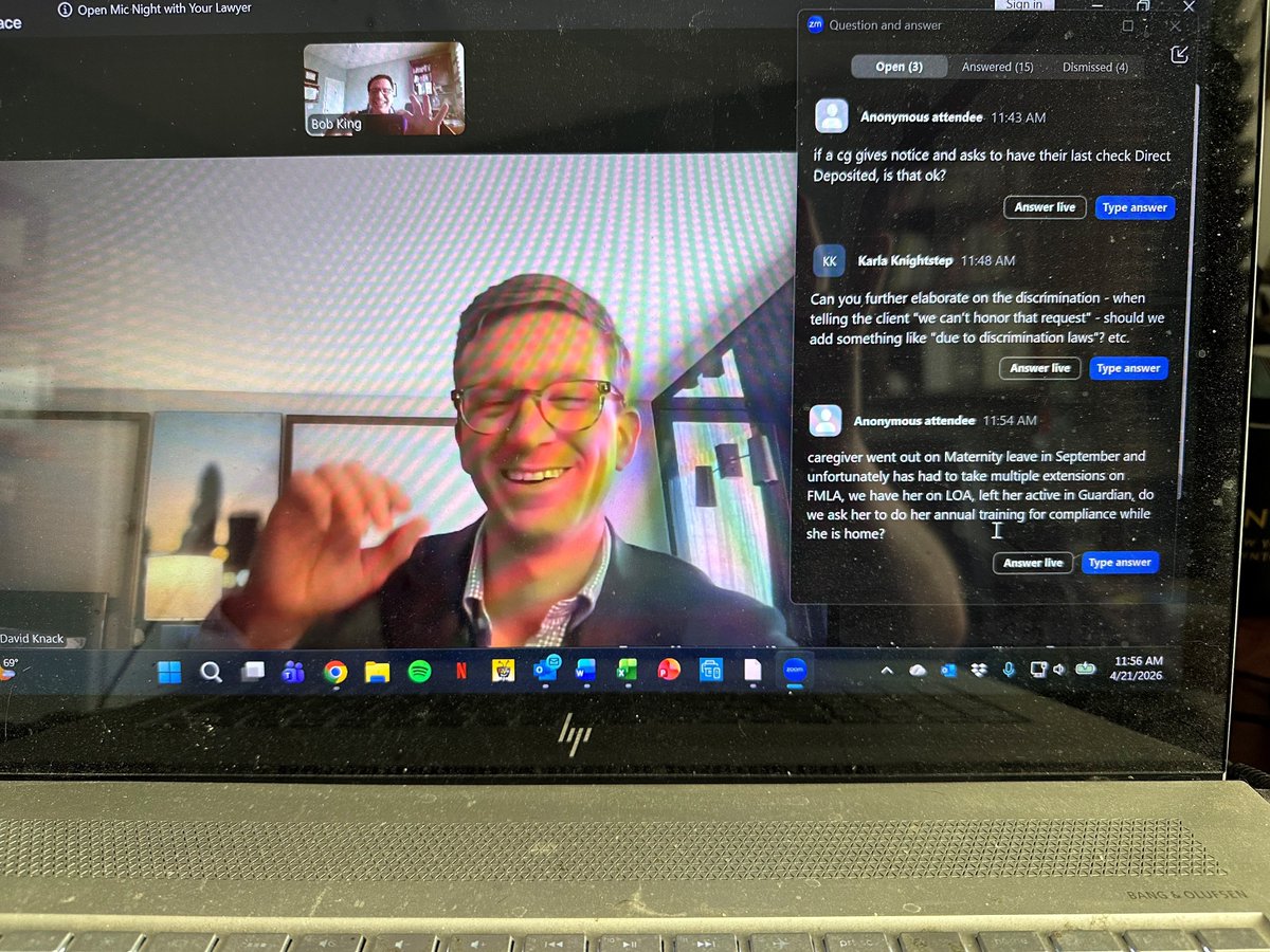 Thanks to David Knack &amp; <a href="/ZingageAI/">Zingage</a> for hosting our informative and often raucous Open Mic Night with Your Lawyer webinar today. It's always great to start the day fielding legal questions from home care owners across the country. It's our pleasure to help you do the work you do!