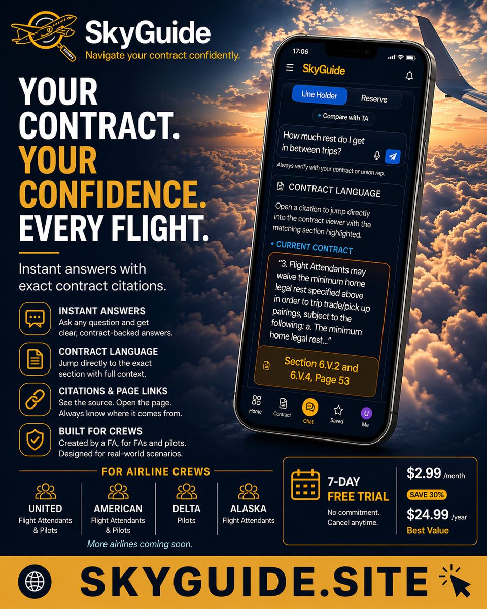 SkyGuideApp's tweet image. Contract answers in seconds.
Exact citations. No guessing.
Built for airline crews: United • American • Delta • Alaska
Try it free for 7 days: skyguide.site
#SkyGuide #PilotLife #FlightAttendantLife #AirlineCrew #KnowYourContract