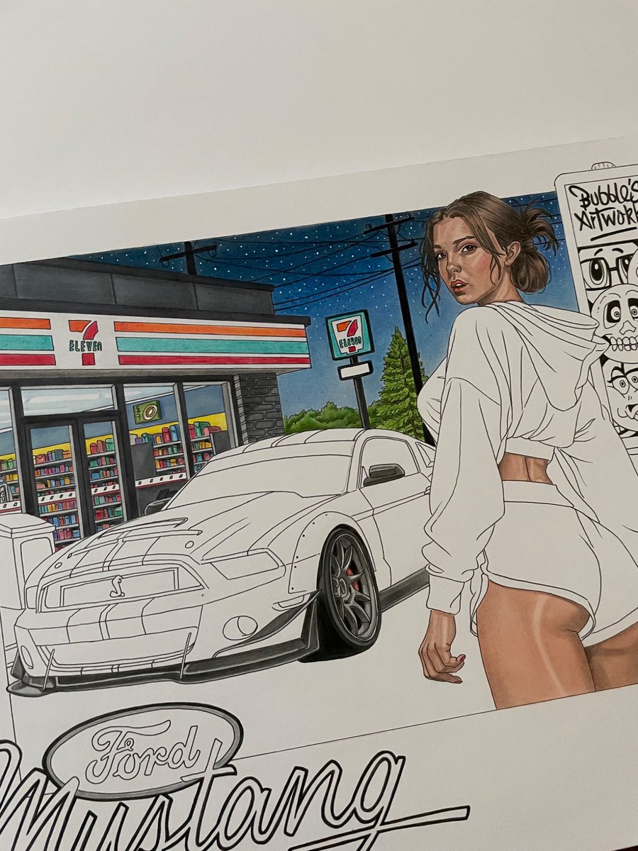 demondebo's tweet image. More progression. Starting to colour the car. I’ve been looking forward to that bit more than the rest. How can you not love a Mustang!. Bits of the girl coloured too. 
#WIPㅤㅤㅤ #FordMustang #ColourPencil #supercar #drawing