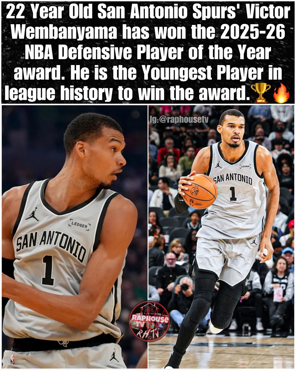 raphousetv2's tweet photo. 22 Year Old San Antonio Spurs' Victor Wembanyama has won the 2025-26 NBA Defensive Player of the Year award. He is the Youngest Player in league history to win the award.🏆🔥 https://t.co/979wpUUeYQ