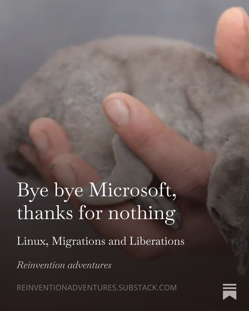 mariliacout's tweet photo. How I ditched Microsoft and migrated to Linux, the anatomy of Microsoft's war on us, our computers, our work and our societies. #DigitalSovereignty #AIWar2026 #PlannedObsolescence #LinuxMigration  #CognitiveLoad #MicrosoftvsGoogle #TechnologicalResilience https://t.co/dCKpnE74xe