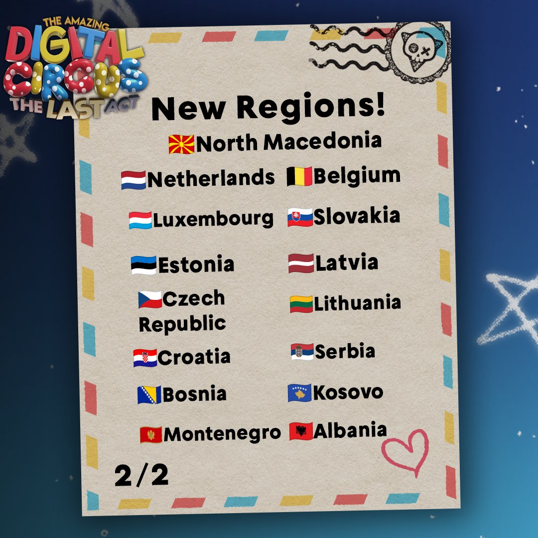 ‘The Amazing Digital Circus: The Last Act’ has reached across Europe, which includes the regions Albania, Austria, Belgium, Bosnia and Herzegovina, Croatia, Czech Republic, Denmark, Estonia, Finland, France, Germany, Iceland, Ireland, Italy, Kosovo, Latvia, Lithuania, Luxembourg,