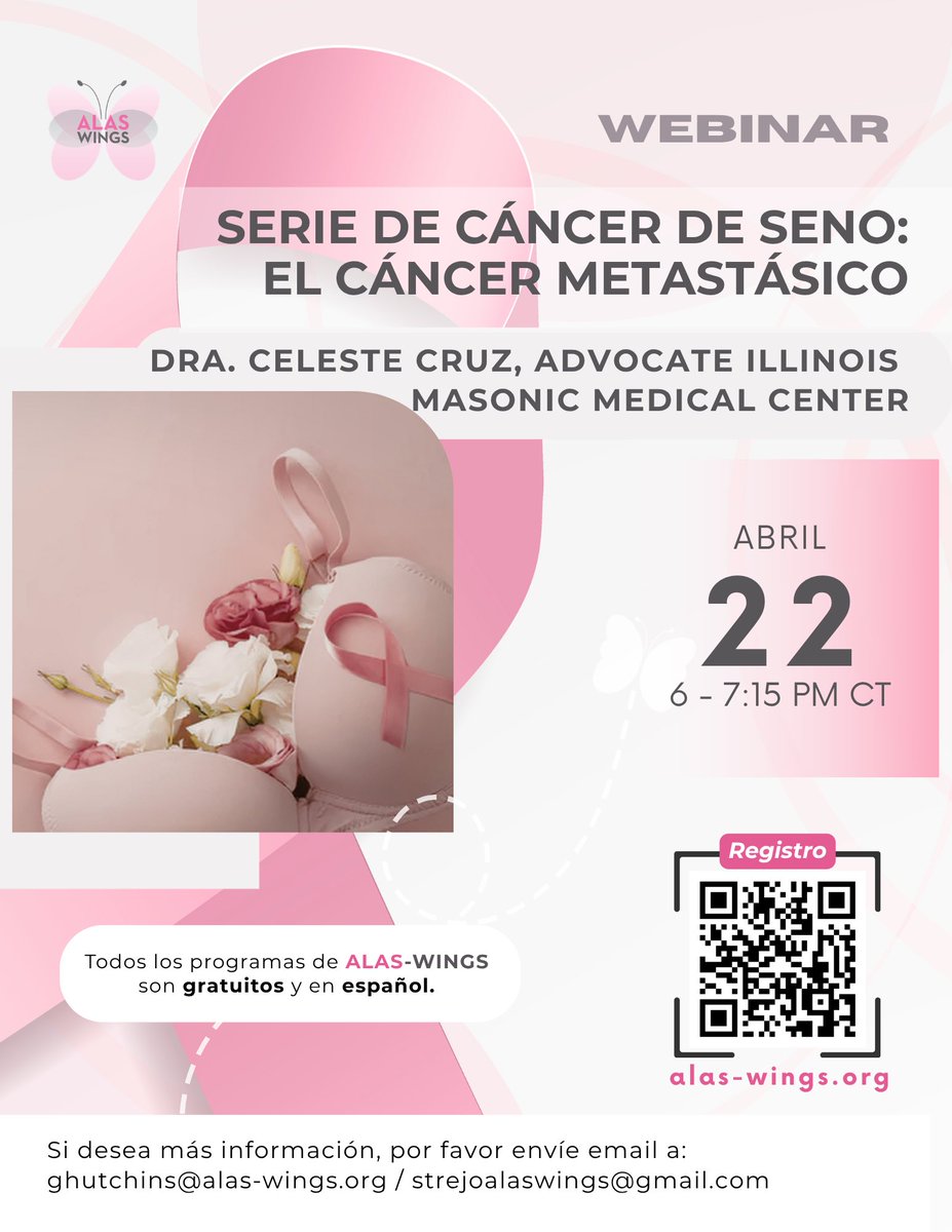 ALASWINGSORG's tweet photo. Serie de Cáncer de Seno: Metastásico con la Dra. Celeste Cruz, Advocate Illinois Masonic Medical Center

Miércoles 22 de Abril de 6 a 7:15 pm US CT

Regístrese aquí: https://t.co/iEVhsuX3Zw

#cancerdemama #cancerdemamametastásico #supervivencia #bcsm https://t.co/9AuVEJakqJ