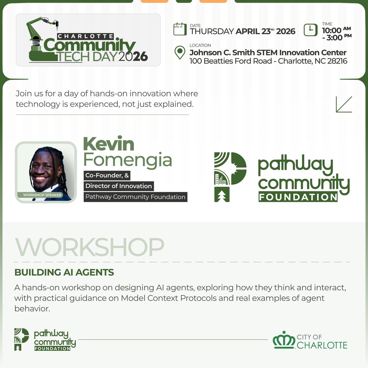 PCFhq's tweet photo. We’re 2 days away from Charlotte Community TechDay, and we’re highlighting exhibits from PCF’s own Kevin Fomengia &amp; Terry Yates: “Building AI Agents” and “Smart Stormwater: Building Resilient Cities”. 🚀

Don’t miss these exhibits this Thursday at Charlotte Community TechDay! https://t.co/bHxLAd2PxN