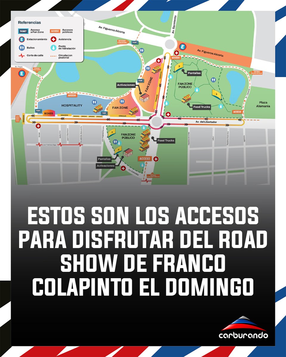 CarburandoTV's tweet image. 📢 A pocos días del Road Show de @FranColapinto, se compartió el mapa de acceso para el evento.

👀 A partir de las 8.30 ya se podrá entrar a los sectores habilitados. Habrá dos grandes escenarios en plaza Seeber y plaza Sicilia con pantallas gigantes. 

#F1 #Colapinto