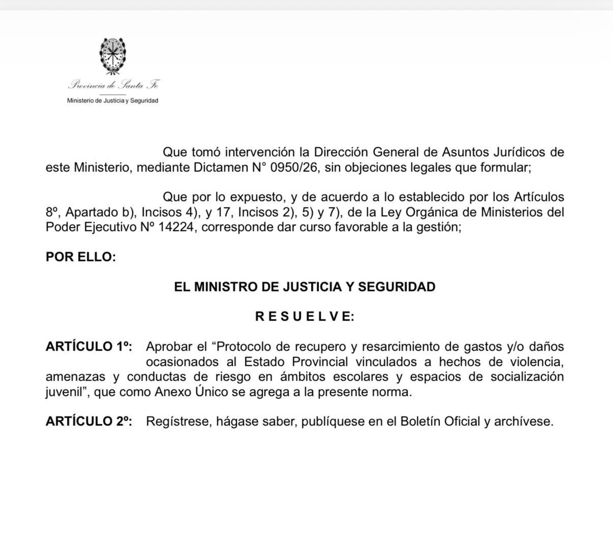 Escuelas. Resolución 1201 del <a href="/MinSegSF/">Ministerio de Justicia y Seguridad de Santa Fe</a> estableciendo el recupero del dinero y resarcimiento por los operativos policiales motivados por amenazas en las escuelas de Santa Fe