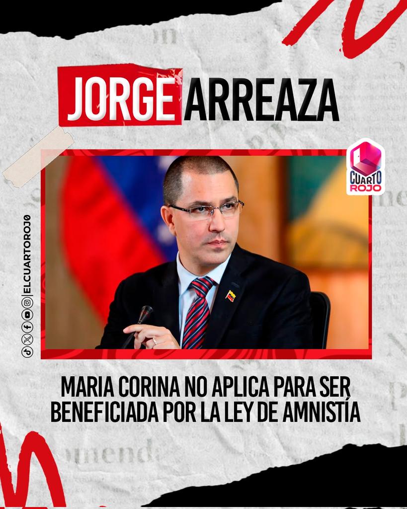 #UltimaHora Maria Corina Machado NO aplica para ser beneficiada por la Ley de Amnistía 🚨

Hay límites. Y Maria Corina Machado ha cometido acciones y declaraciones que la excluyen de los beneficios contemplados.

Lo aclaró <a href="/jaarreaza/">Jorge Arreaza M</a> claro y raspao. #21abr