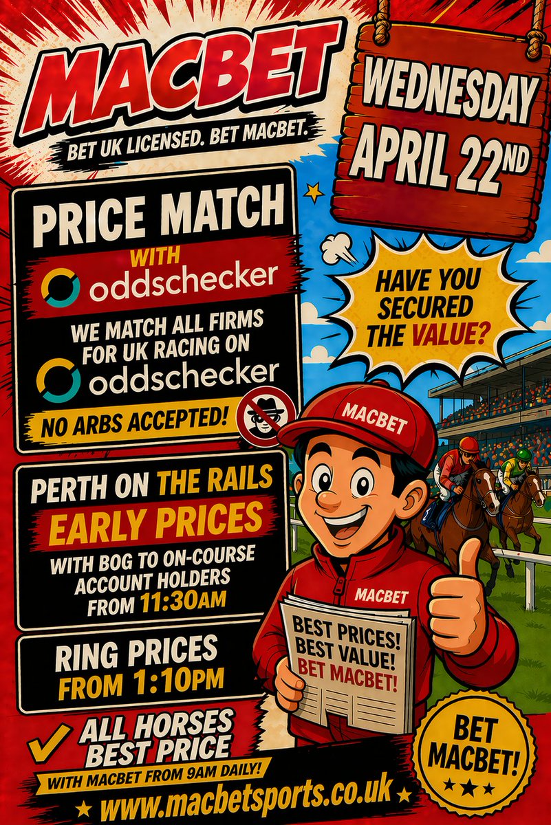 Macbet1972's tweet photo. 🏇Meetings for Wednesday, April 22nd

@PerthRacecourse 
@CatterickRaces 
@LudlowRaceClub 
@TauntonRacing 
@gowranpark 

🚥We offer @oddschecker price match from 9 am on all UK racing.

✅Boomaker's hedging welcome - commission paid on losing s.p bets { individual deals struck to tailor different types of hedging}

🙋‍♂️We will be offering on-course prices from Perth tomorrow from 1:10 - bookmaker hedging welcome.