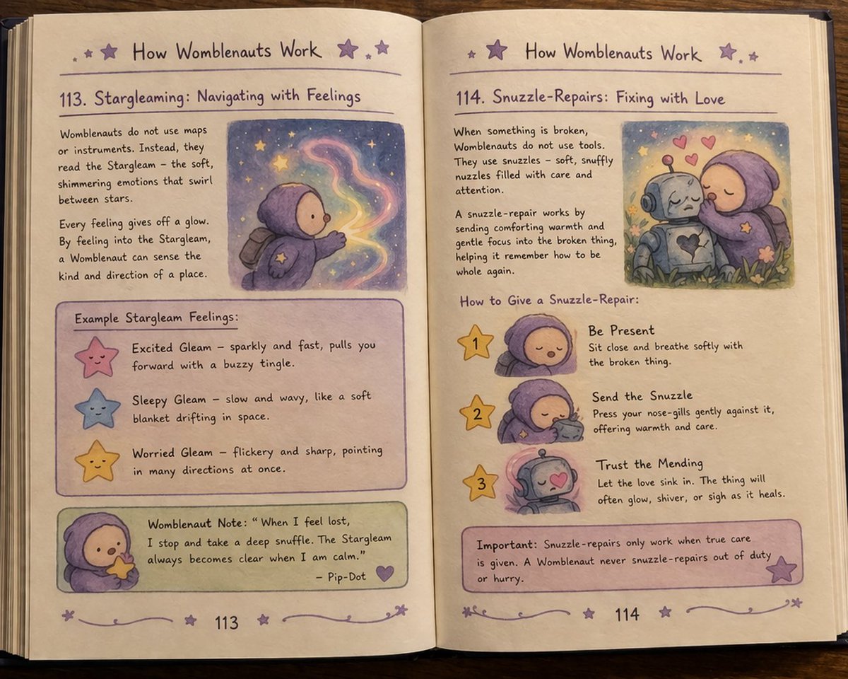 emollick's tweet image. Same prompts as before, but now in GPT image-generator 2, page excerpts from:

"Eldritch Horrors as Pets: A Guide"
"How Womblenauts Work"
"Photographs of the People of New York Who Look Like Birds" 
"Cakes shaped like fish shaped like cakes"

Lots of great little lines in there