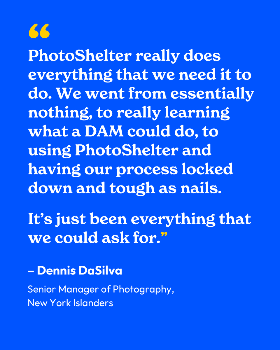 photoshelter's tweet photo. "Tough as nails." That's how @dennisadasilvaa, @NYIslanders' Senior Manager of Photography describes their DAM workflow today.

With PhotoShelter, they turned a 210k+ asset library into a content hub anyone on their team can search &amp; pull from.

See more: https://t.co/UavU48iCgG https://t.co/ciEuPViXTK