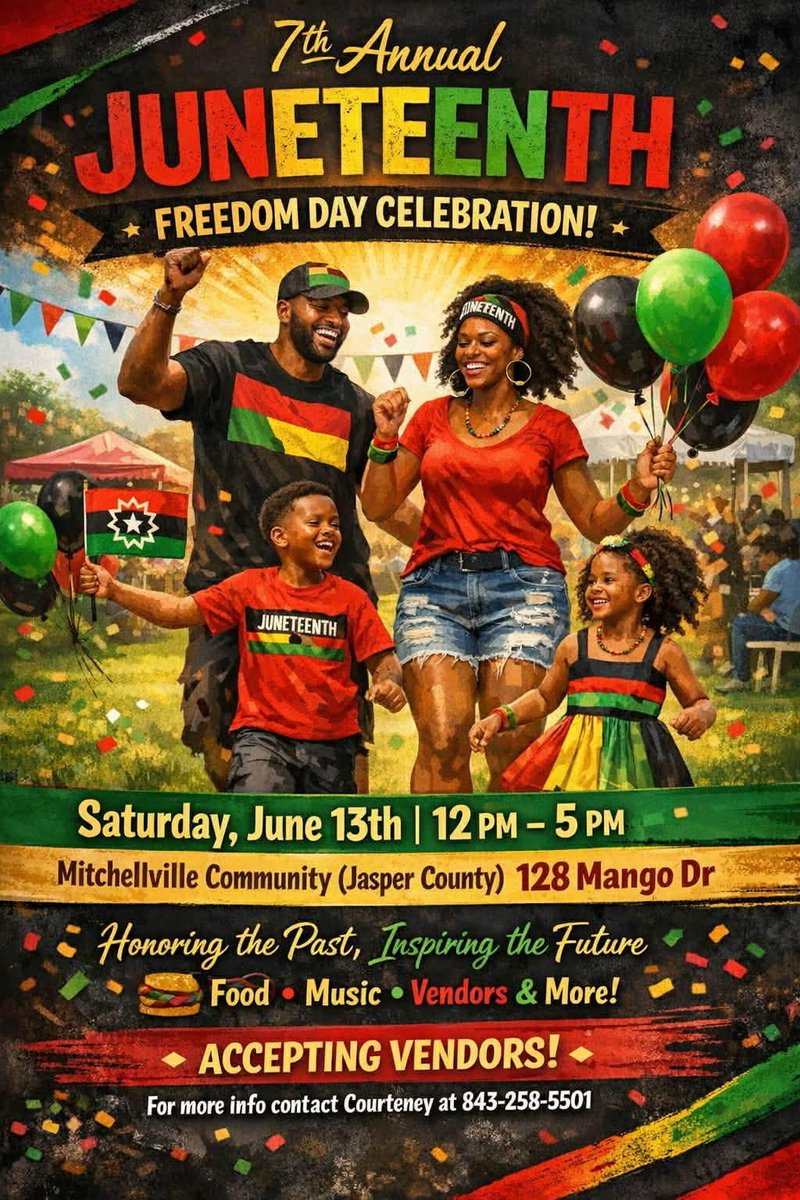 JCSD_SC's tweet photo. Community News: 7th Annual Juneteenth Freedom Day Celebration!

Join the community in celebrating freedom, culture, and unity at the 7th Annual Juneteenth Freedom Day Celebration!

Bring your family and friends out for an afternoon filled with great food, https://t.co/Jlc4gqr59P