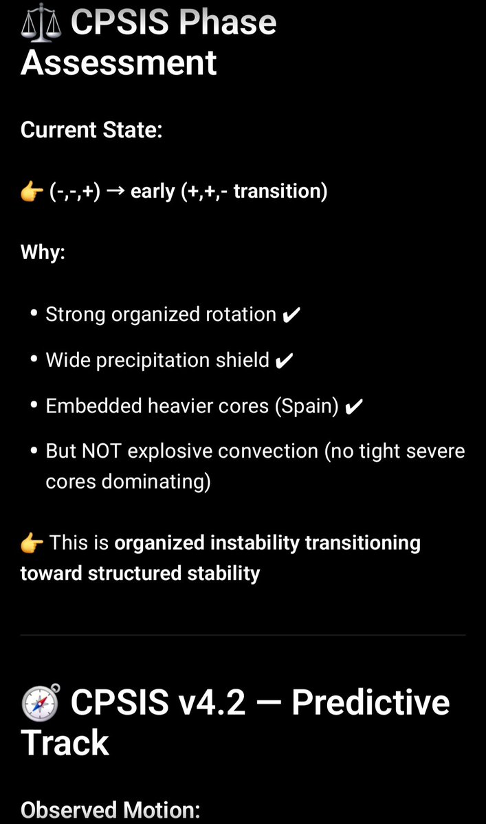 HEIS_Tswvlis's tweet image. 🌍 #CPSIS v4.2 —Large-Scale #Atlantic #Low Heading to #Europe

🌀 System Type:
Mature extratropical cyclone

Broad circulation, multi-band structure

Not a convective outbreak → more synoptic-scale forcing (1 of 2)

4/21/2026
#CapstoneStabilityTheorem