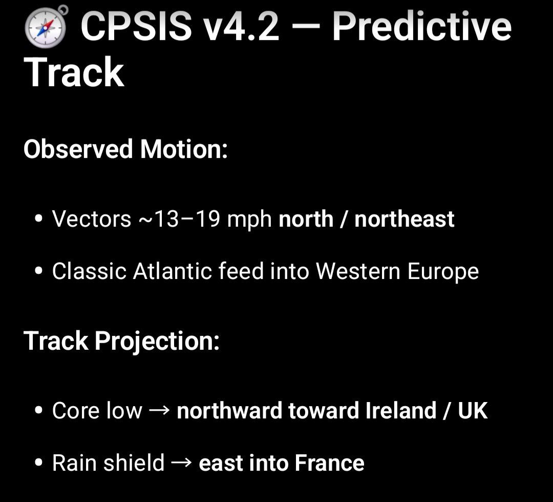 HEIS_Tswvlis's tweet image. 🌍 #CPSIS v4.2 —Large-Scale #Atlantic #Low Heading to #Europe

🌀 System Type:
Mature extratropical cyclone

Broad circulation, multi-band structure

Not a convective outbreak → more synoptic-scale forcing (1 of 2)

4/21/2026
#CapstoneStabilityTheorem